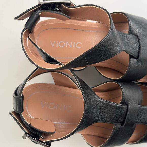 Vionic Faye T-Strap Leather Clog Sandals Women's 7 Black Studded Woven Strappy - Picture 9 of 16